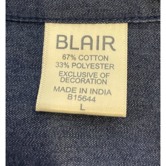 Blair Large Blue Denim Embroidered Button‎ Top Cardinals Birds Pockets Roll Tab - Picture 7 of 9